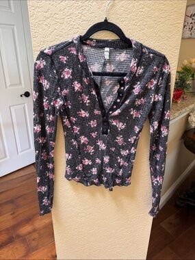 Free People Intimately Charcoal Waffle-Knit Henley with Pink Floral Print